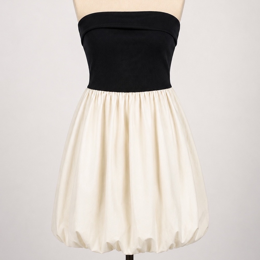 A New Day Womens Strapless Bubble Hem Mini Dress Black Cream Small New Parisian